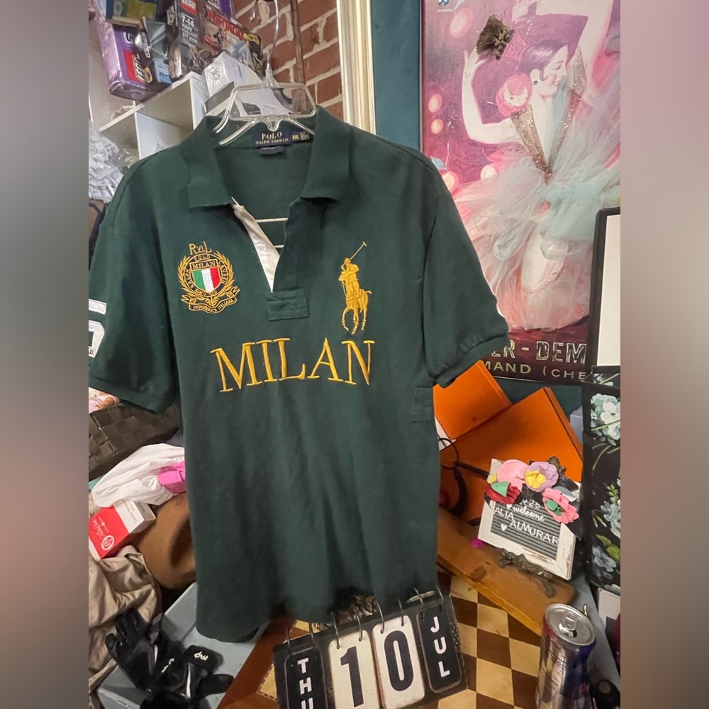 Vintage Polo Ralph Lauren Milan Collar Shirt Medium Green Big Pony Crest #5